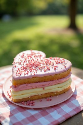 Pink Heart Cake on Picnic Table