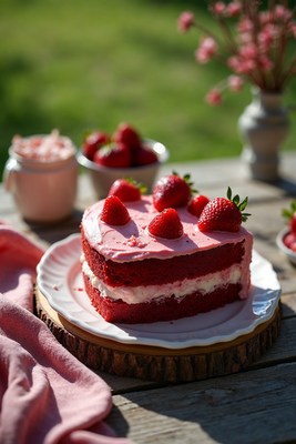Heart-Shaped Red Velvet Cake with Strawberries