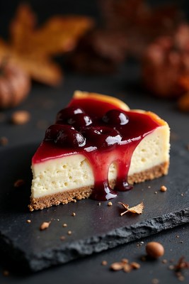 Cherry Cheesecake Slice with Autumn Leaves