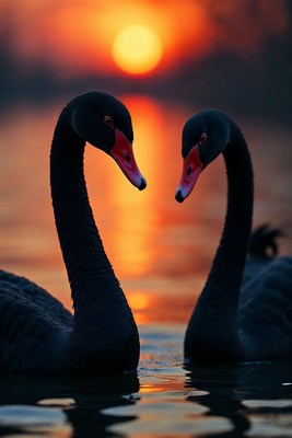 Two Black Swans Forming Heart Sunset