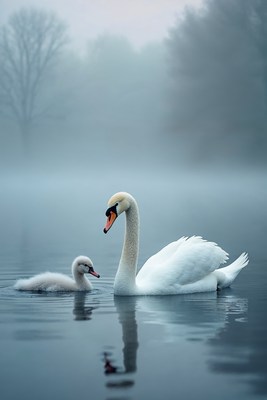 Mother Swan with Cygnets in Foggy Water
