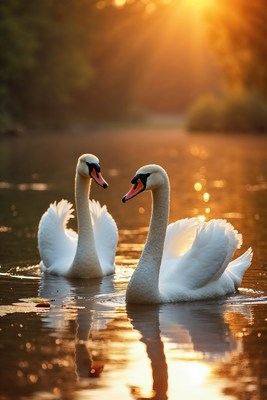 Two swans facing each other on lake