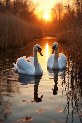 Two Swans Swimming at Sunset