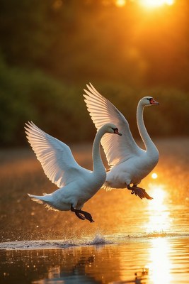 Two white swans flying over sunset water