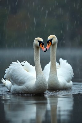 Two Swans Forming Heart in Rain