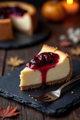 Blueberry Cheesecake Slice with Fall Leaves