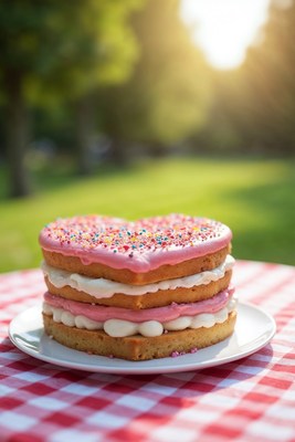 Heart-shaped cake on picnic table