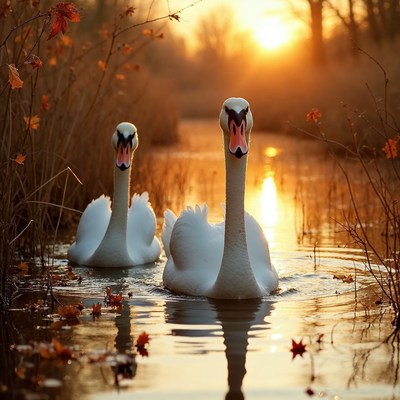 Two Swans Swimming at Sunset