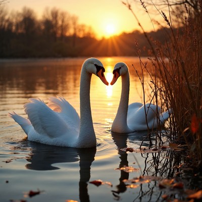 Two swans forming heart shape sunset