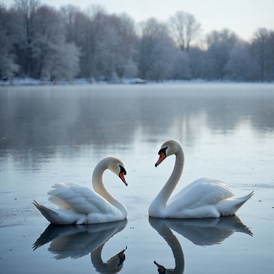 Two swans facing on icy lake