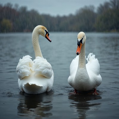 Two white swans swimming in lake