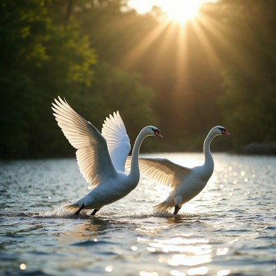 Two swans flapping wings in sunset river