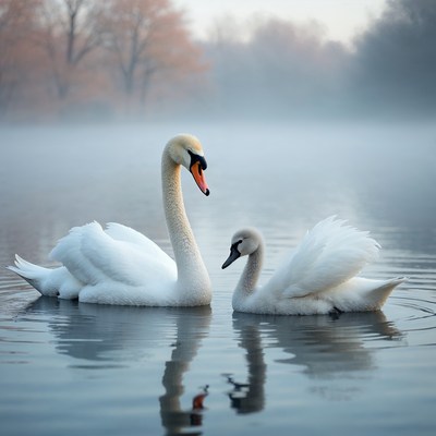 Two Swans Swimming in Misty Lake