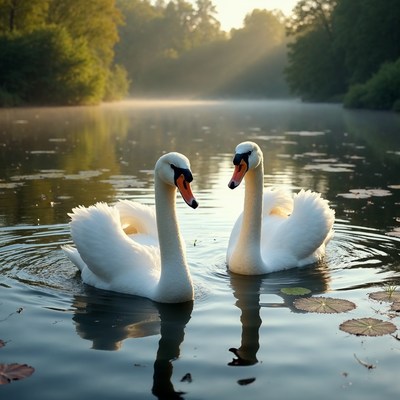 Two swans facing each other on river
