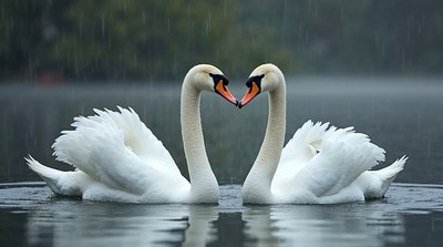 Two Swans Kissing in Rain