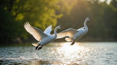 Two white swans flying over water