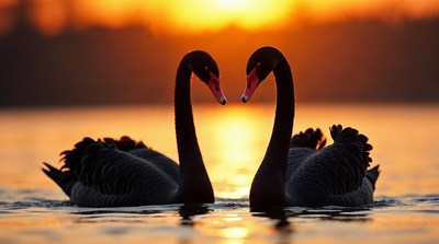 Two black swans forming heart sunset