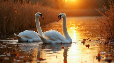 Two Swans Swimming at Sunset
