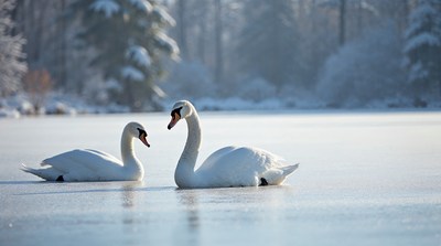 Two swans facing each other on snowy lake