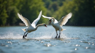 Two swans fighting on water
