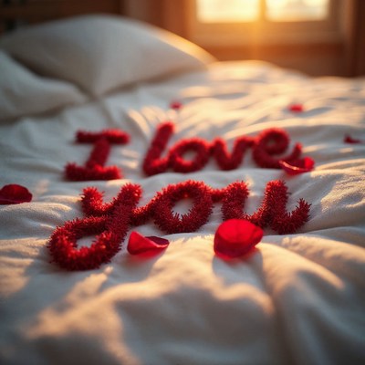 I Love You in Red Wool on Bed