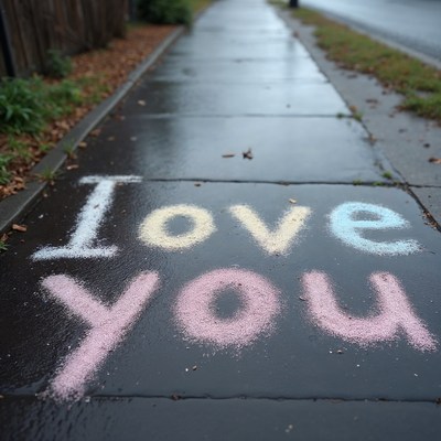 I Love You written on rainy sidewalk