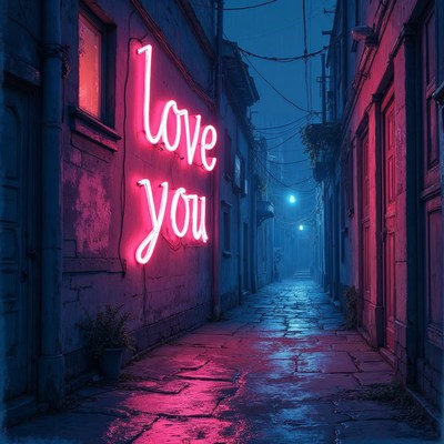 Neon Love You Sign in Rainy Alley