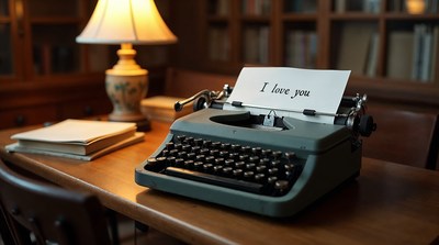 Typewriter with 'I love you' note