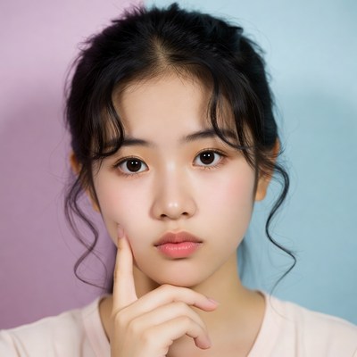 Asian girl thinking with finger on chin