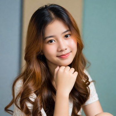 Asian woman smiling with hand on chin