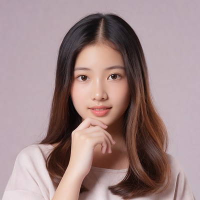 Asian girl hand on chin smiling