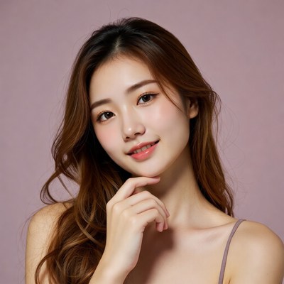 Asian woman touching chin thoughtfully