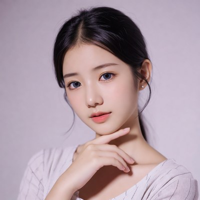 Asian woman with hand on chin