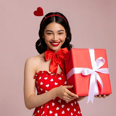 Asian woman holding red gift box