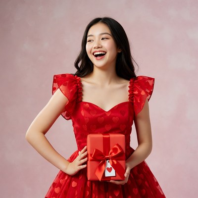 Asian girl holding red gift box
