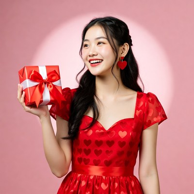 Asian woman holding red gift box