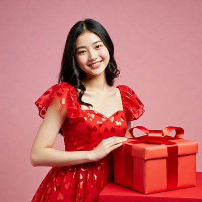 Asian woman holding red heart gift box