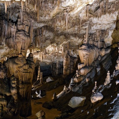 Stalactites in Illuminated Cave