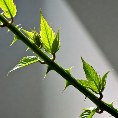 Green rose stem with thorns and buds