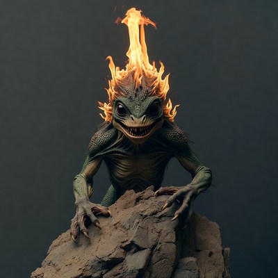 Fiery Green Lizard Monster on Rock