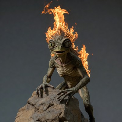 Flaming Lizard Creature on Rock