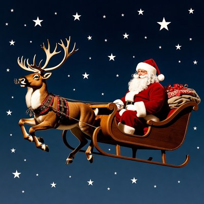 Santa Claus riding reindeer sleigh