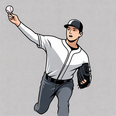 Asian man pitching baseball illustration