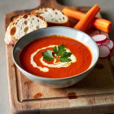 Creamy Tomato Soup with Bread and Carrots
