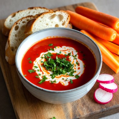 Tomato Soup with Bread and Carrots