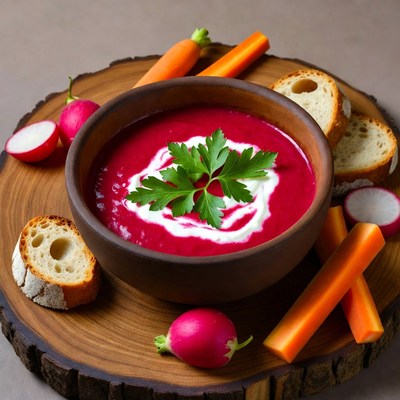 Beet Soup with Bread and Veggies