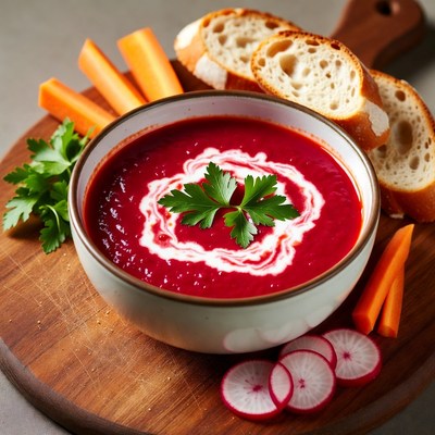 Beet Soup with Bread and Carrots