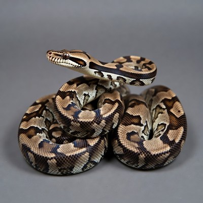 Ball Python coiled on gray background