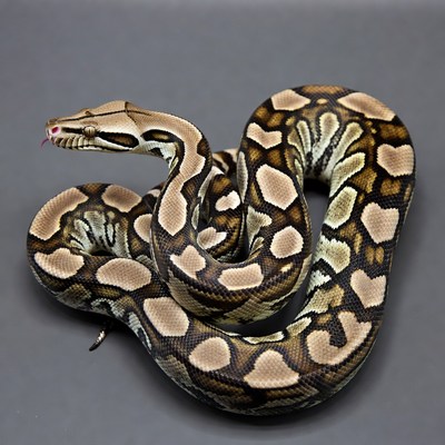 Ball Python coiled on gray background