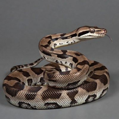 Ball Python coiled on gray background
